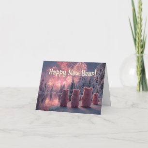 Scene of a Pink Bear Family watching Fireworks Holiday Card