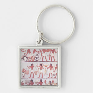 Scene of butchers and servants bringing key ring