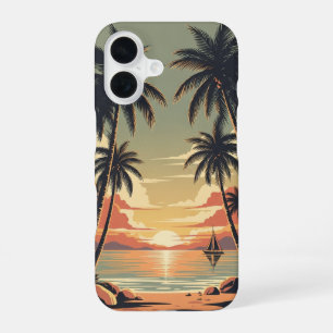 Scene Tropicale Vintage au Coucher de Soleil iPhone 16 Case