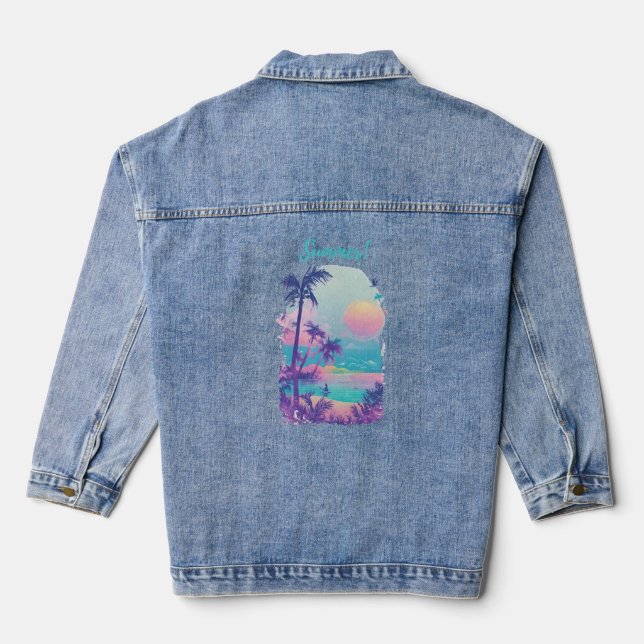 Scenery 1 summer, water, flowers, sand, waves denim jacket (Back)