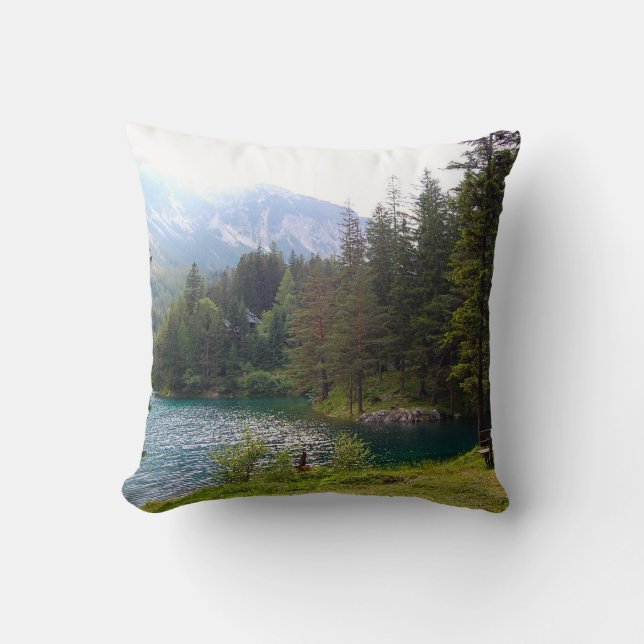 Scenic Alpine Forrest and Lake Photo Cushion (Front)