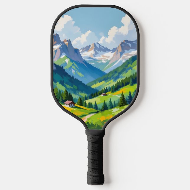 Scenic Alpine Landscape – Lush Valley and Snow Pickleball Paddle (Front)