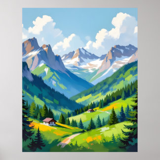 Scenic Alpine Landscape – Lush Valley and Snow Poster