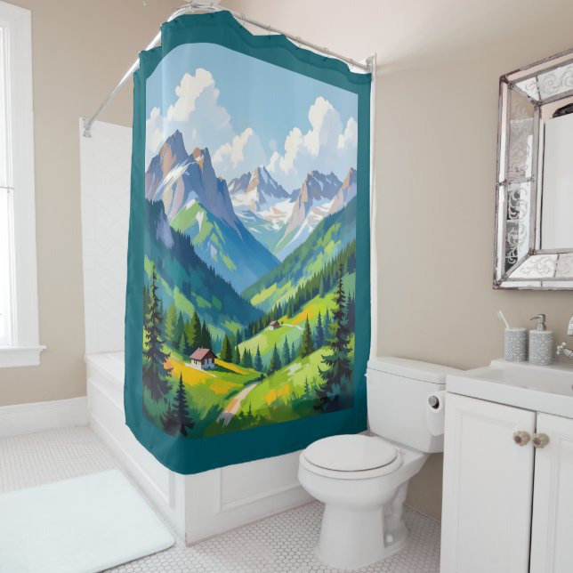 Scenic Alpine Landscape - Lush Valley and Snow Shower Curtain (In Situ)