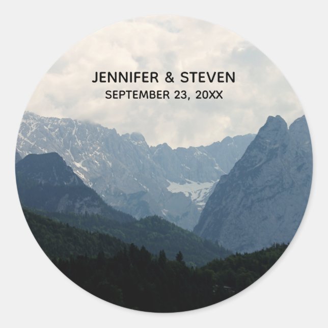 Scenic Alpine Mountains Nature Photo Wedding Classic Round Sticker (Front)