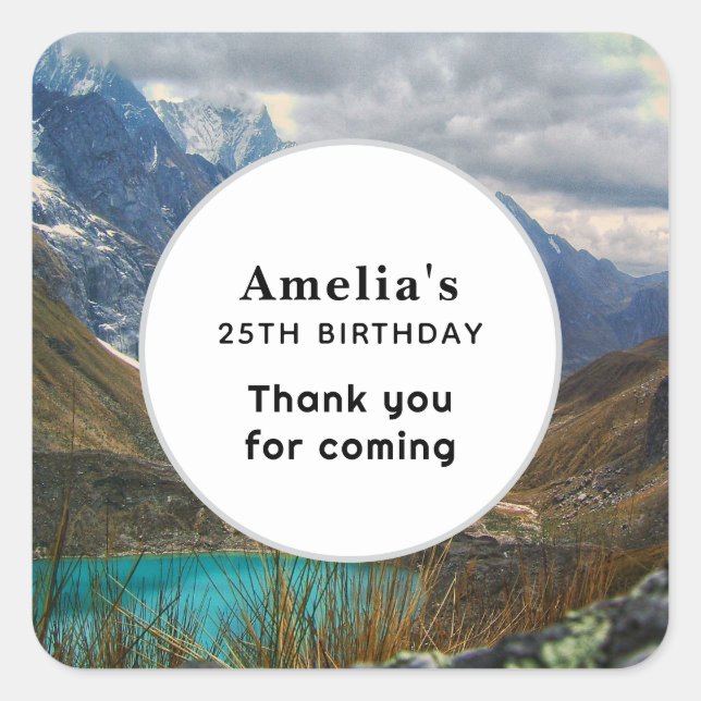 Scenic Alpine Mountains Photo Birthday Thank You Square Sticker (Front)