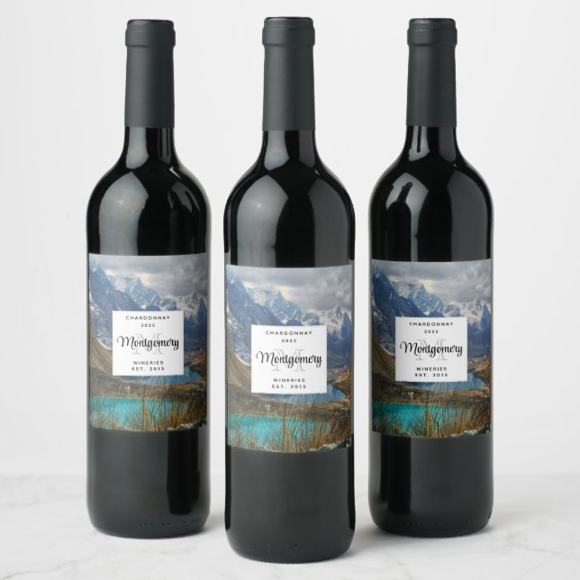 Scenic Alpine Mountains Photo Monogram Wine Making Wine Label (Bottles)