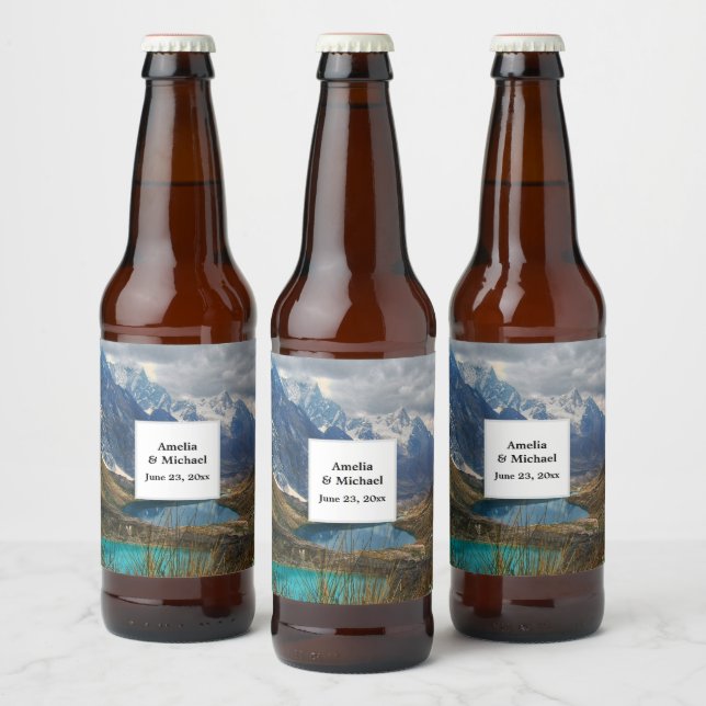 Scenic Alpine Mountains Photo Wedding Beer Bottle Label (Bottles)