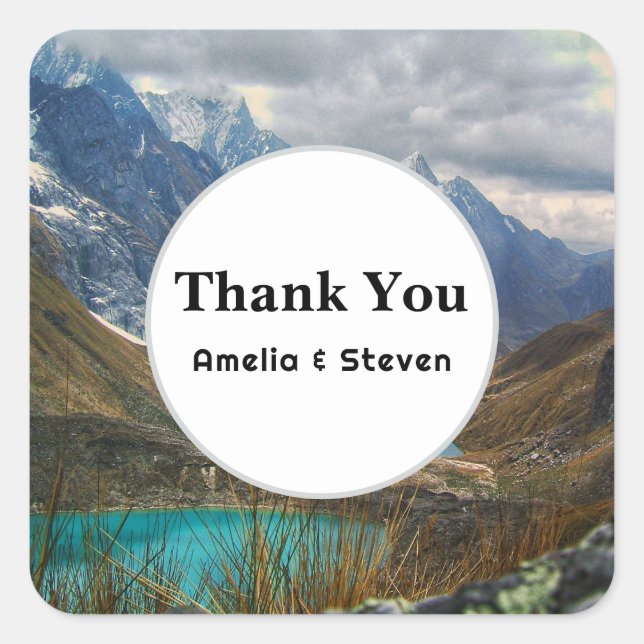Scenic Alpine Mountains Photo Wedding Thank You Square Sticker (Front)