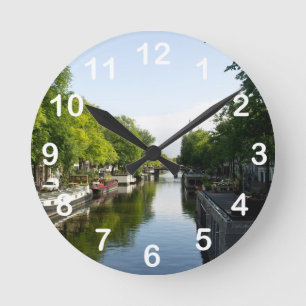 Scenic Amsterdam Canal & Houseboats Photo -Holland Round Clock