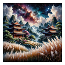 Scenic Asian Temples Against a Starry Sky