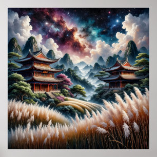 Scenic Asian Temples Against a Starry Sky Poster