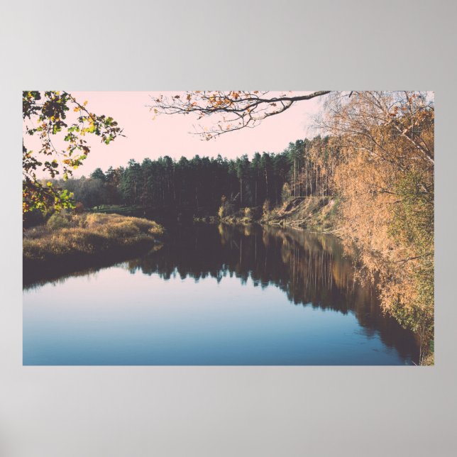 Scenic autumn coloured river in country with trees poster (Front)