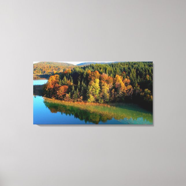 Scenic Autumn Forest Beside Placid Forest Lake  Canvas Print (Front)