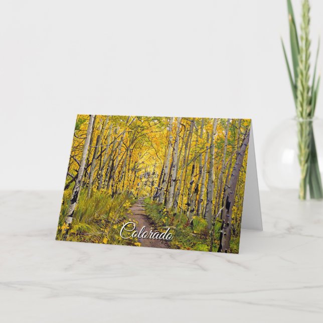Scenic Autumn Trail Through Aspen Tree Forest Card (Front)