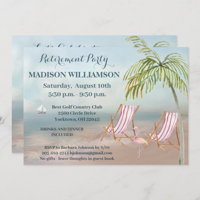 Scenic Beach View Palm Trees Retirement Party   Invitation (Front/Back)