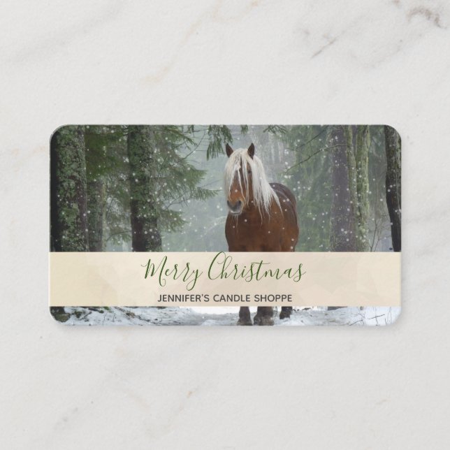 Scenic Brown Horse in a Winter Forest Christmas Business Card (Front)