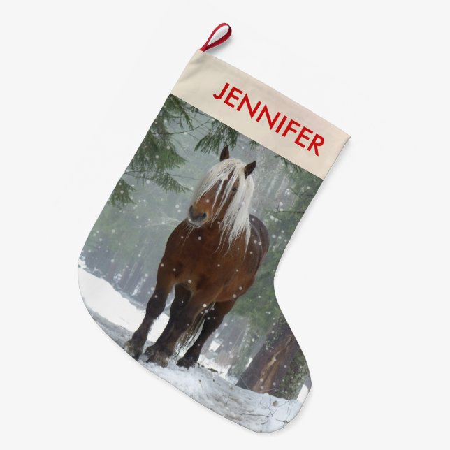 Scenic Brown Horse in a Winter Forest Christmas Large Christmas Stocking (Front (Hanging))