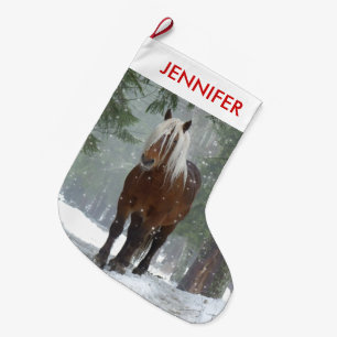 Scenic Brown Horse in a Winter Forest Christmas Large Christmas Stocking