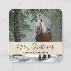 Scenic Brown Horse in a Winter Forest Christmas Square Business Card