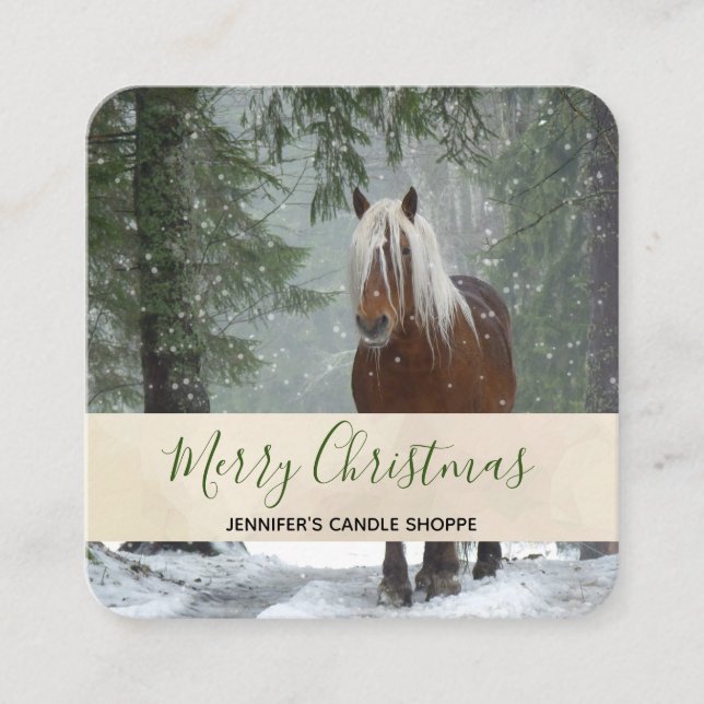 Scenic Brown Horse in a Winter Forest Christmas Square Business Card (Front)