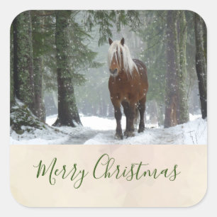 Scenic Brown Horse in a Winter Forest Christmas Square Sticker