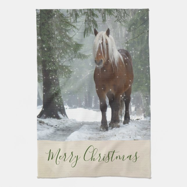 Scenic Brown Horse in a Winter Forest Christmas Tea Towel (Vertical)