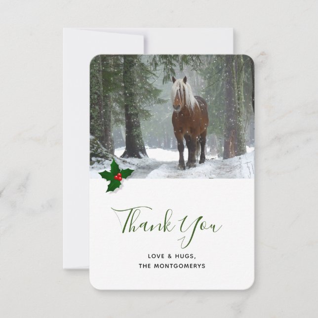 Scenic Brown Horse in a Winter Forest Christmas Thank You Card (Front)