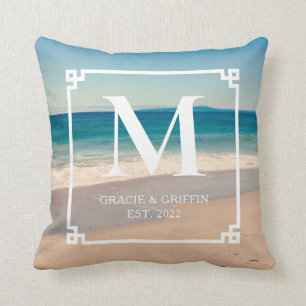Scenic California Beach Photo Wedding Monogram Cushion