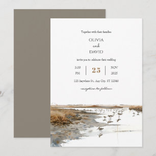 Scenic Coastal Birds Art Watercolor Beach Wedding  Invitation