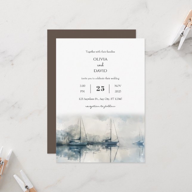 Scenic Coastal Misty Harbour Morning Beach Wedding Invitation (Front/Back In Situ)
