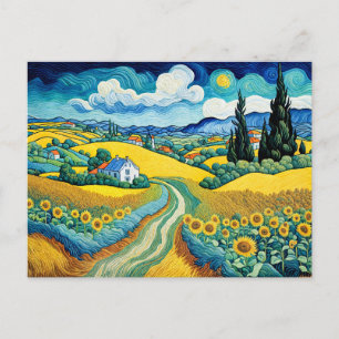 Scenic Country Path Through Sunflower Fields Holiday Postcard