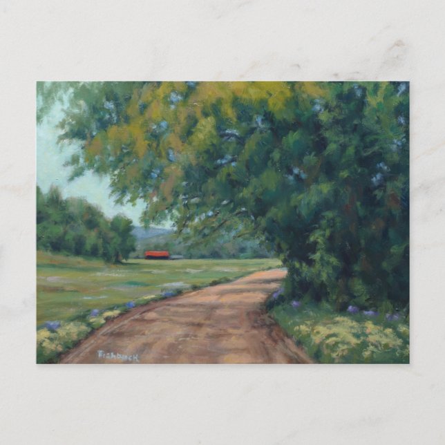 Scenic Country Road With Red Barn and Trees Postcard (Front)