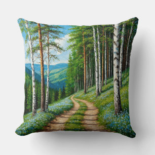 Scenic Forest Path Among Birch Trees Cushion