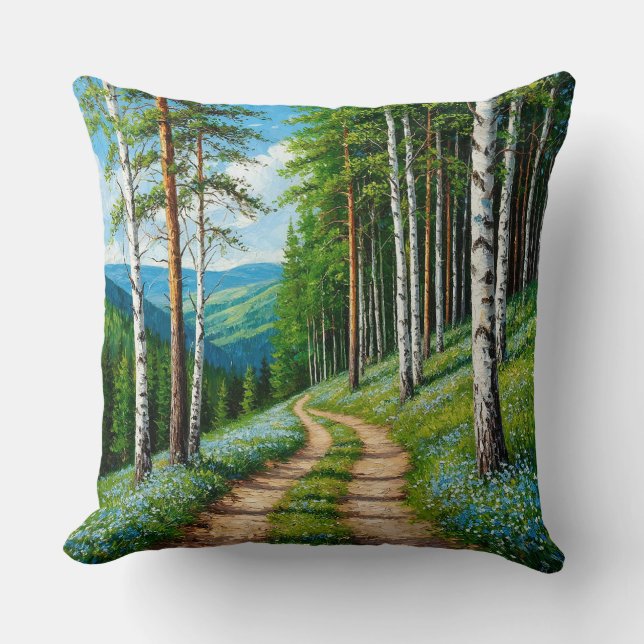 Scenic Forest Path Among Birch Trees Cushion (Front)