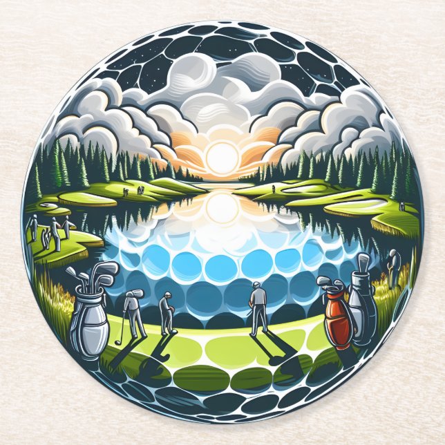 Scenic Golf Course at Sunrise with Players Round Paper Coaster (Front)