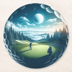 Scenic Golf Course Under Moonlit Sky Round Paper Coaster