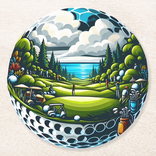 Scenic Golf Course with Players and Carts Round Paper Coaster (Front)