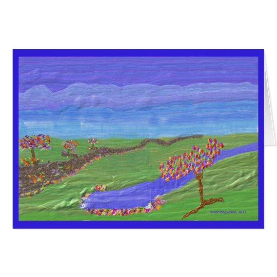 Scenic greeting card of green valley with lake
