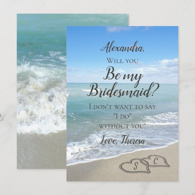 Scenic Hearts in the Sand Beach be my Bridesmaid Invitation (Front/Back)