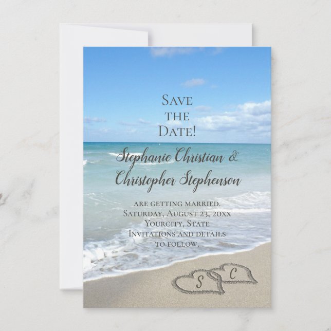 Scenic Hearts in the Sand Beach Save the Date Invitation (Front)