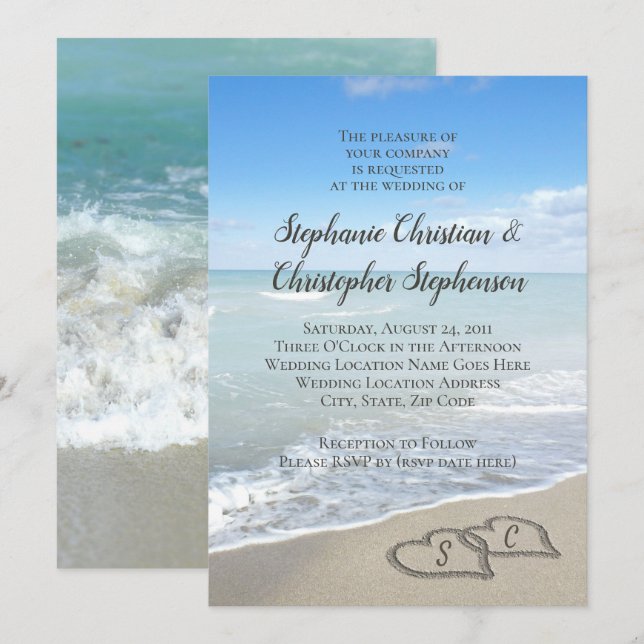Scenic Hearts in the Sand Beach Wedding Invitation (Front/Back)