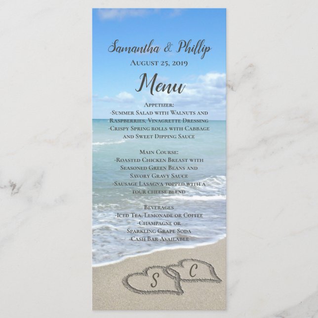 Scenic Hearts in the Sand Beach Wedding Menu (Front)