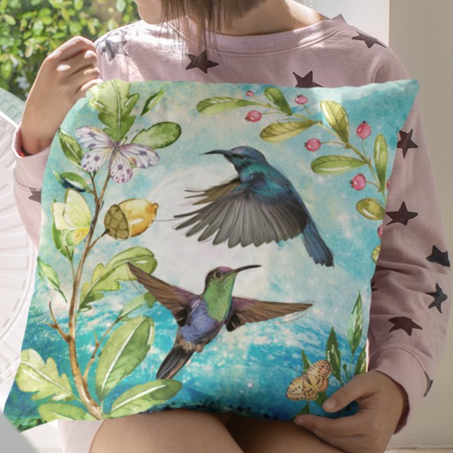 Scenic Hummingbirds Floral Nature Art | Blue Green Cushion (Creator Uploaded)