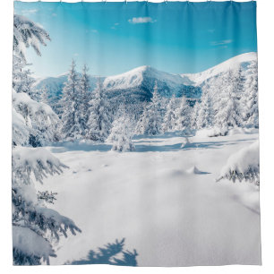 Scenic image of spruces tree. Frosty day, calm win Shower Curtain