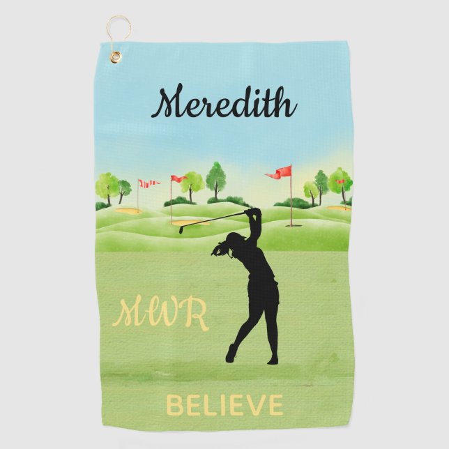 Scenic Lady Golfer Swinging Greens Monogram Name  Golf Towel (Front)