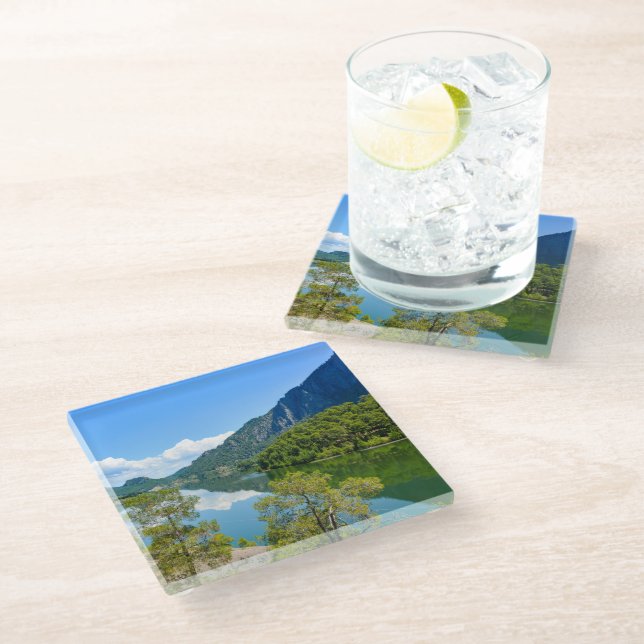 Scenic Lake and Blue Sky Glass Coaster (Angled)