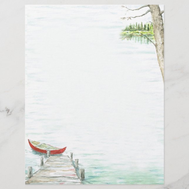 Scenic Lake and Canoe Watercolor  Custom Letterhead (Front)