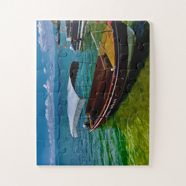Scenic Lake Taxi Boat | Tropical Waters Jigsaw Puzzle (Vertical)