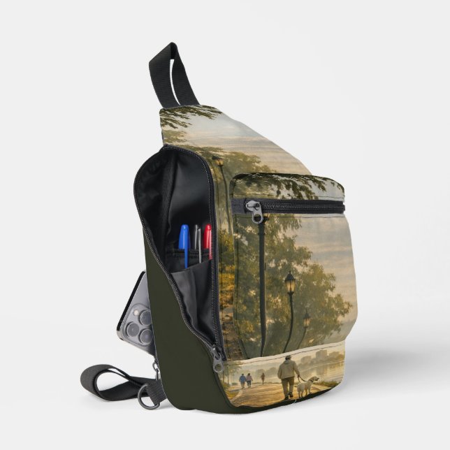 Scenic Lakeside Path Morning Walk Sling Bag (Open)